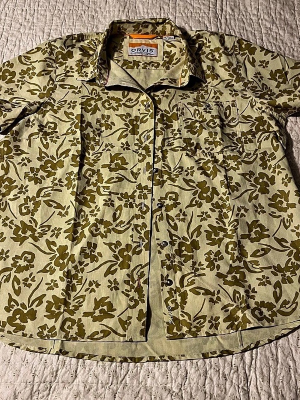 Orvis Floral Button Down Shirt Green & Cream XL Like New!